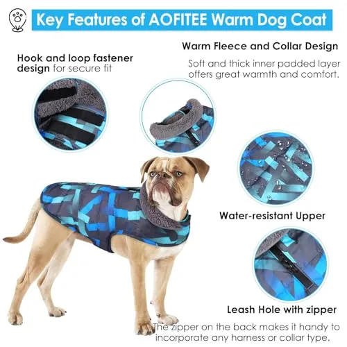 AOFITEE Dog Coat, Winter Dog Jacket Windproof Fleece Cold Weather Coats for Dogs, Warm Dog Winter Vest with Collar & Zipper Leash Hole, Outdoor Pet Apparel for Small Medium Large Dogs, Blue XS