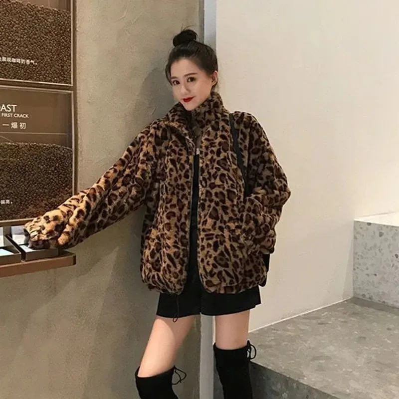 Autumn Fuzzy Leopard Print Jacket Women Fashion Stand Collar Warm Parkas Outwear Winter Korean Female Loose Faux Fur Coats New