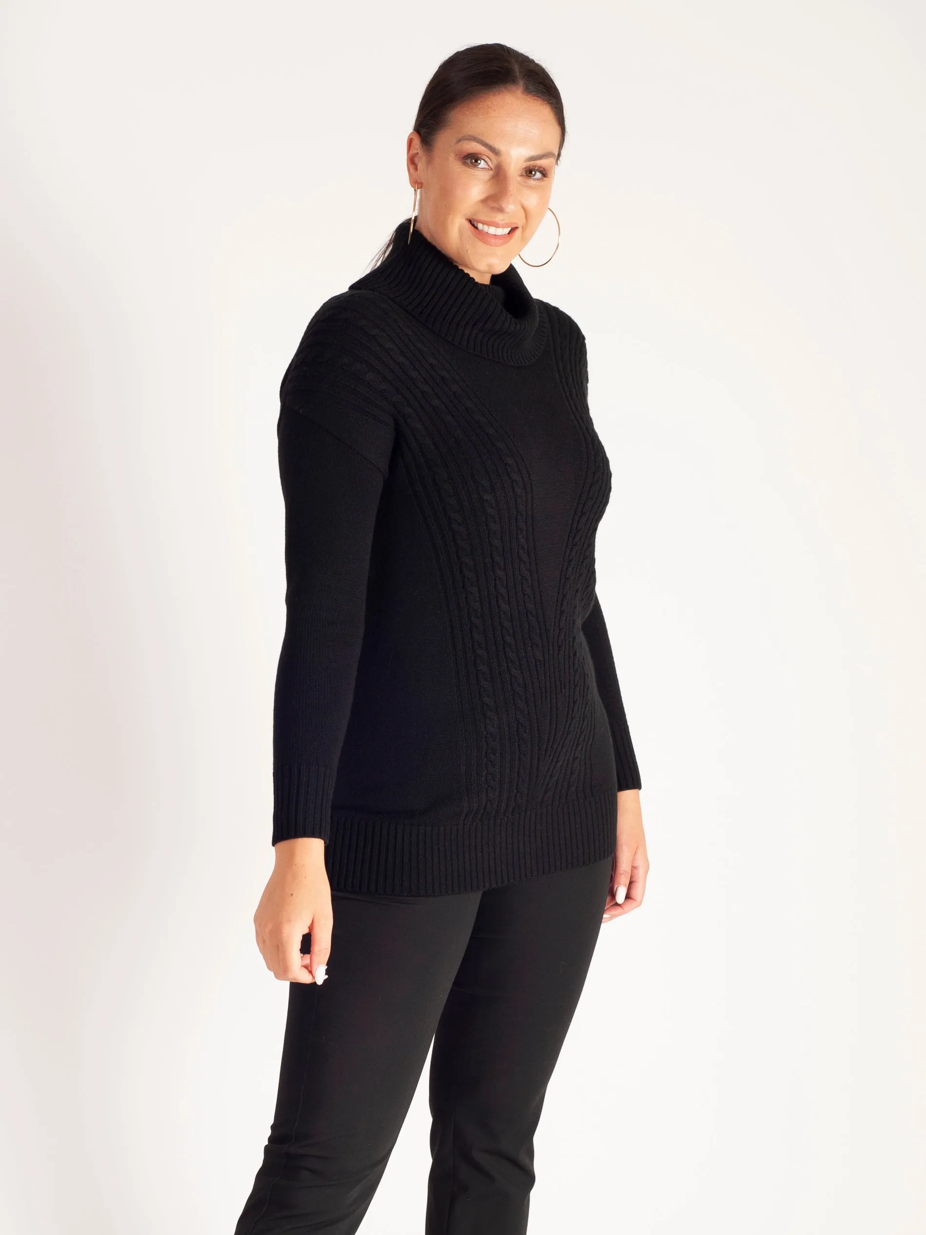 Black Cable Detail Turtleneck Jumper With Cashmere