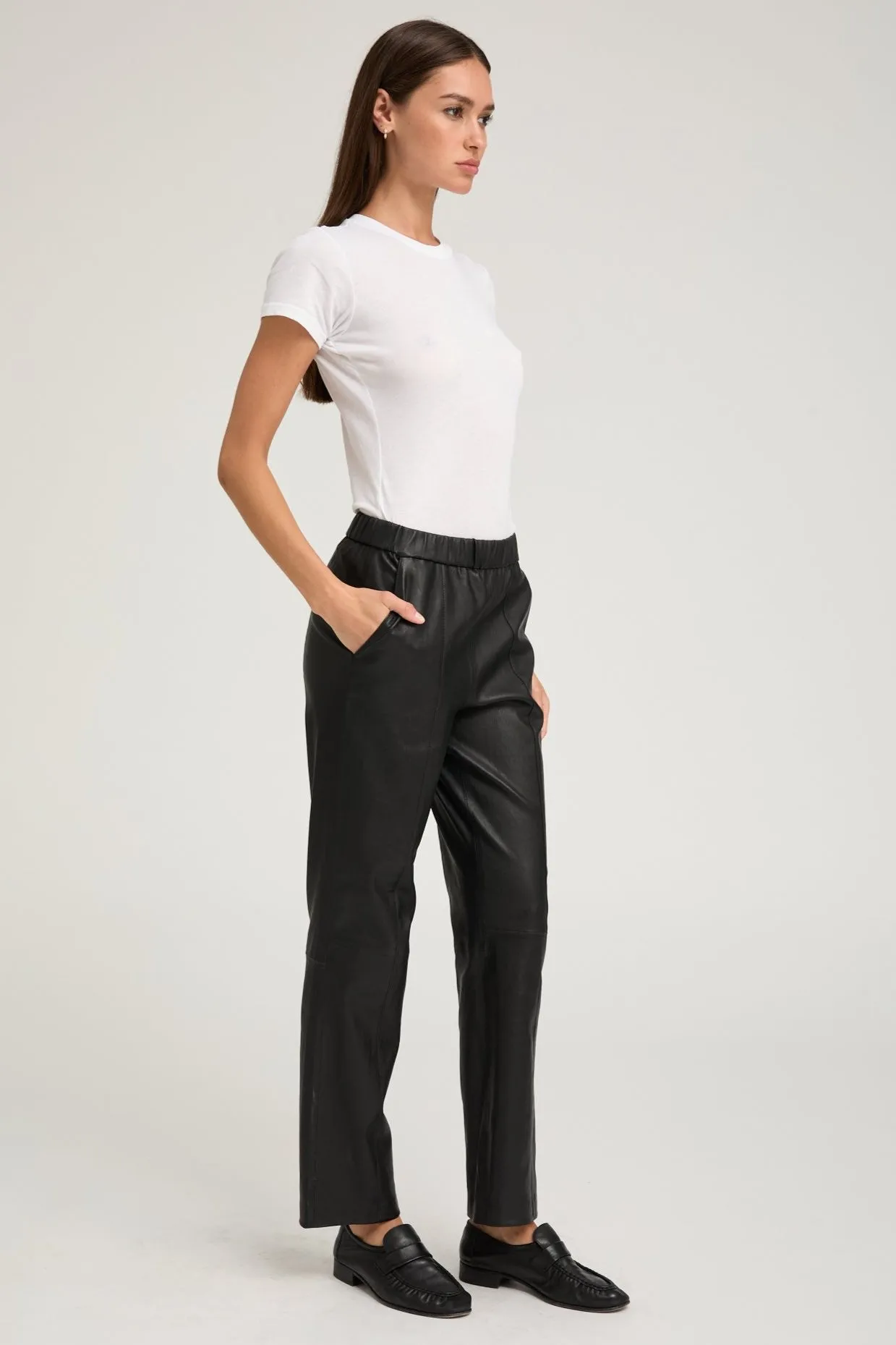 Black Leather Sophia Pintuck Jogger