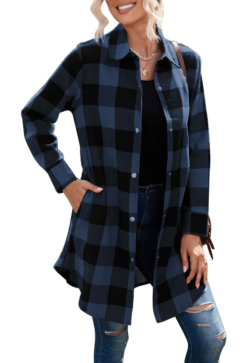 Blue Turn-down Collar Plaid Shirt Jacket