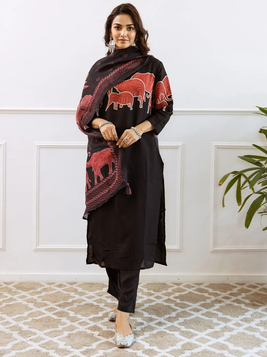 Comfy Pure Cotton Black Bold Printed Kurta Set with Straight Bottom and Poly Chiffon Printed Dupatta