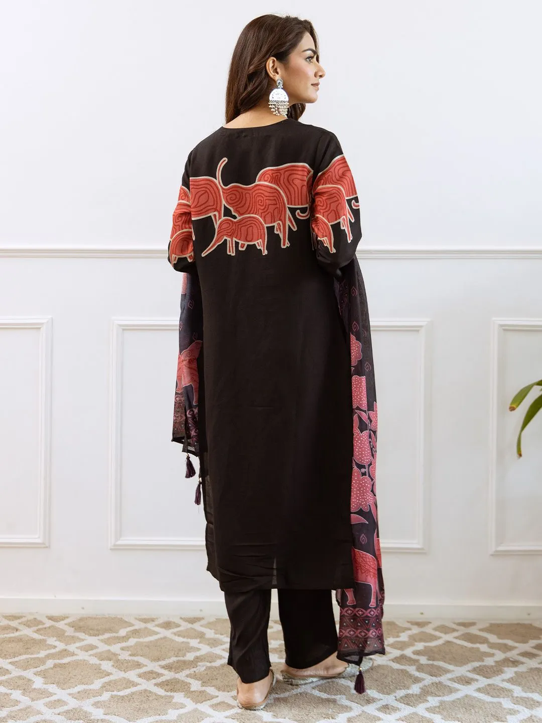 Comfy Pure Cotton Black Bold Printed Kurta Set with Straight Bottom and Poly Chiffon Printed Dupatta