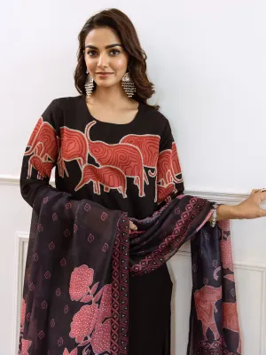 Comfy Pure Cotton Black Bold Printed Kurta Set with Straight Bottom and Poly Chiffon Printed Dupatta