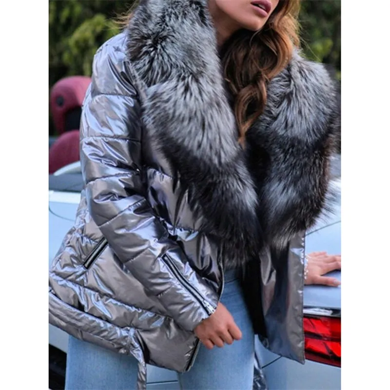 Down Cotton Coat Women Faux Fur Collar Glossy Parkas 2023 Autumn Winter New Fashion Silve Gray Black S-5XL Coat Feminina N1109