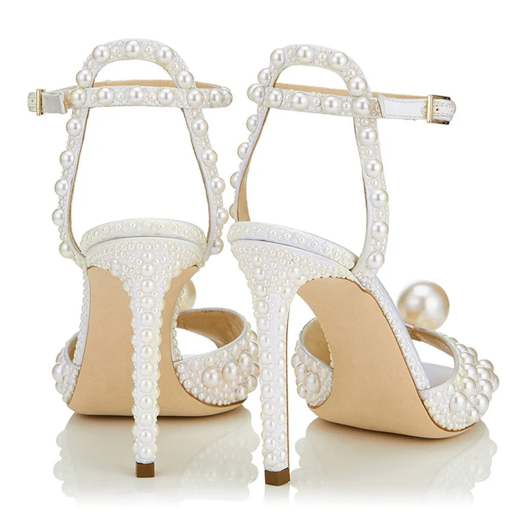 Elegant Pearl Embellished Peep Toe Stiletto Sandals - White