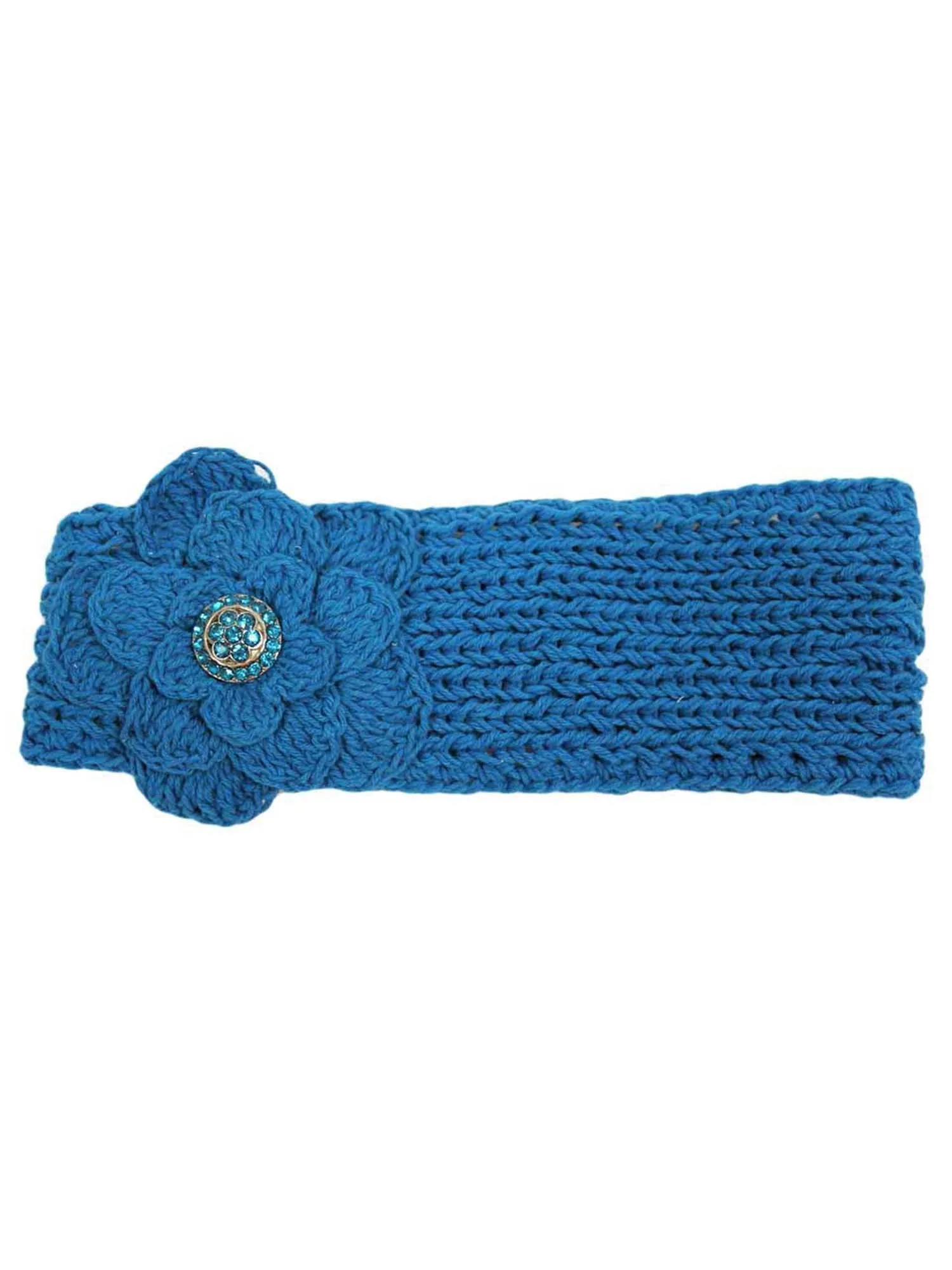 Hand Knit Headband With Rhinestone Flower