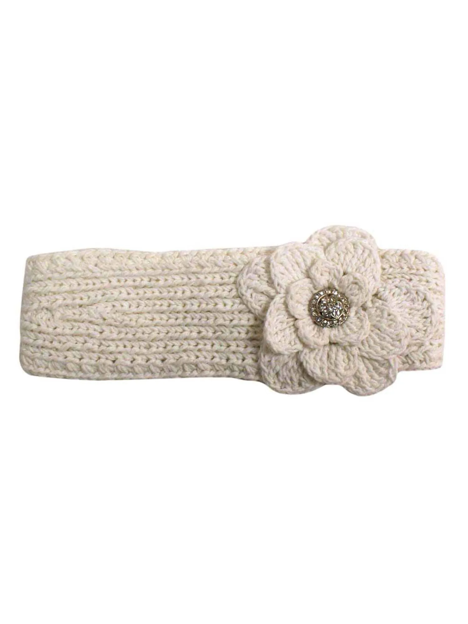 Hand Knit Headband With Rhinestone Flower