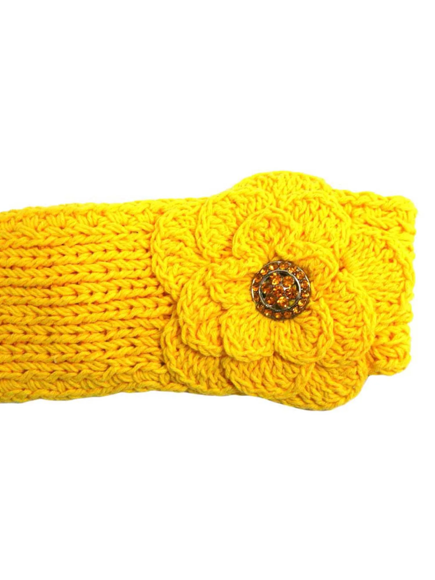 Hand Knit Headband With Rhinestone Flower