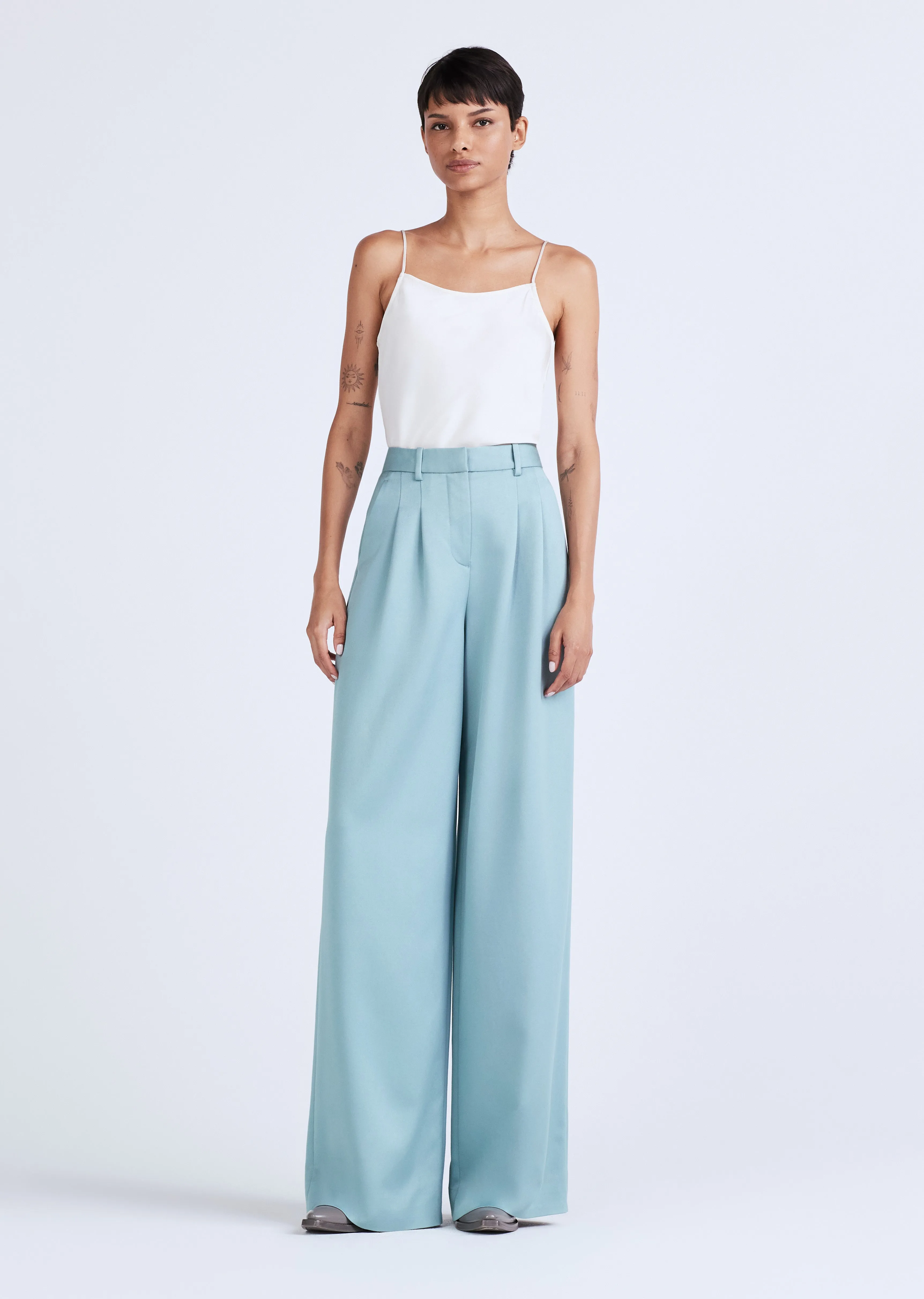 Joetta Wide Leg Pleat Front Trouser - Dusty Teal