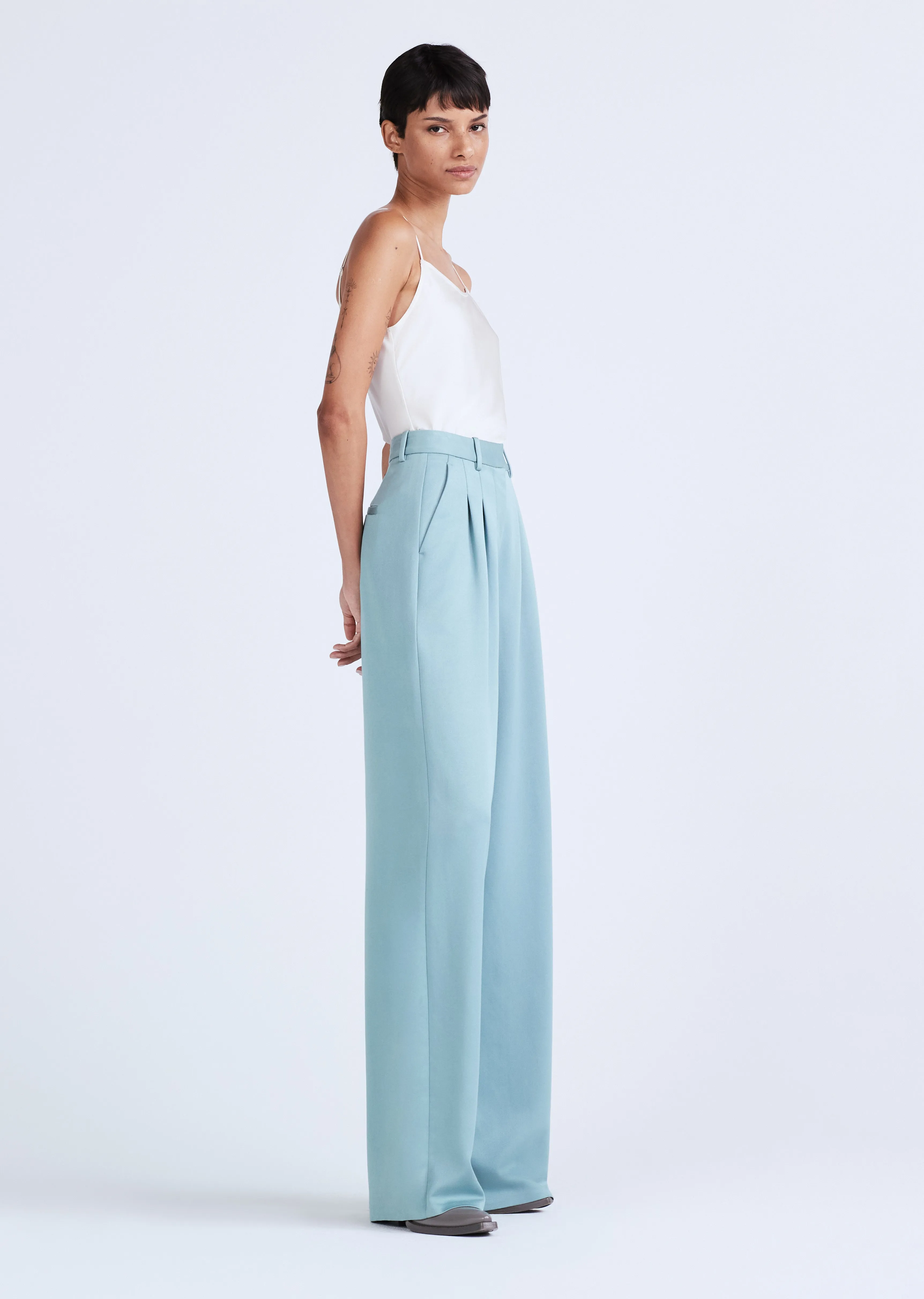 Joetta Wide Leg Pleat Front Trouser - Dusty Teal