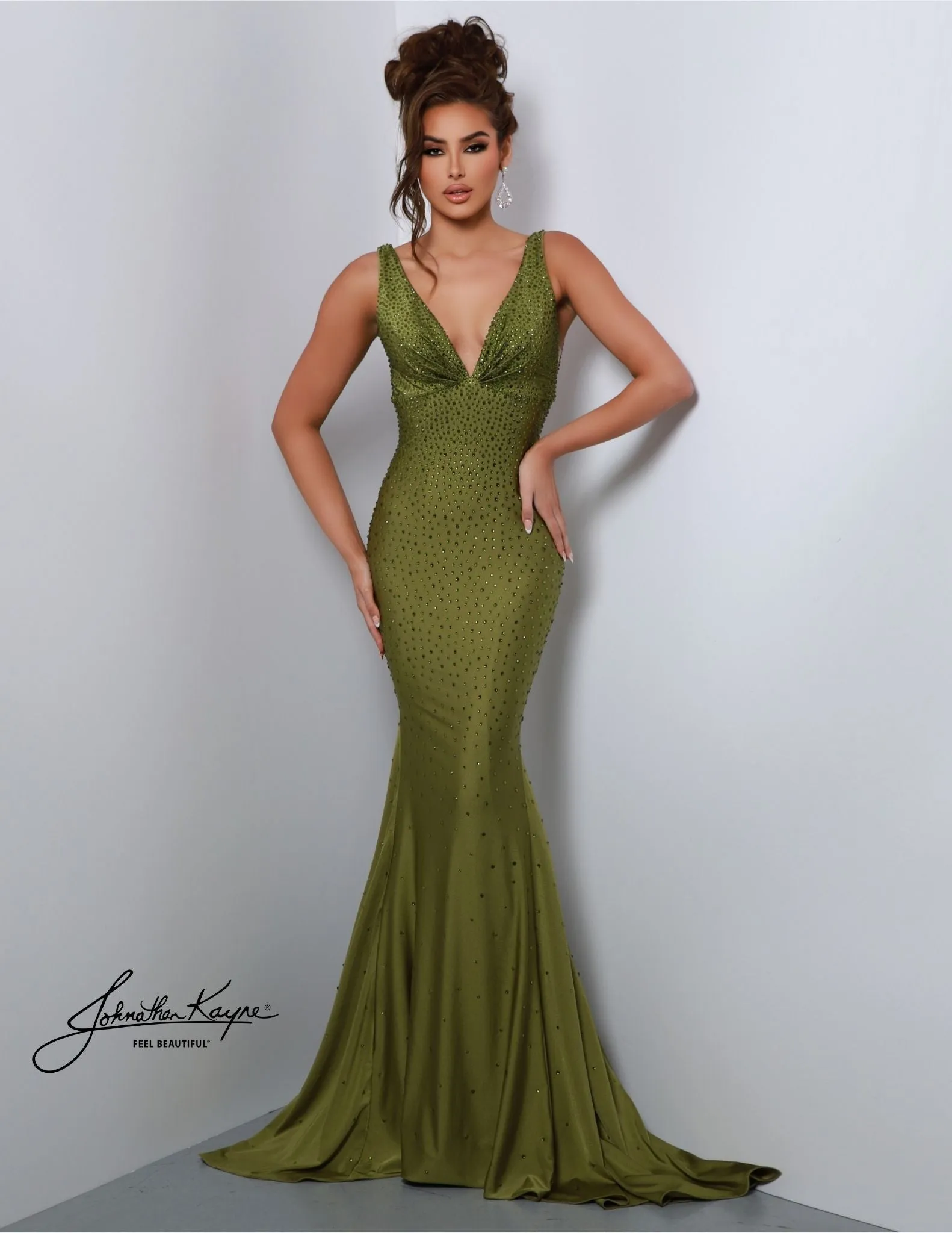 Johnathan Kayne 9213 Size 12 Peacock Hot Stone Prom Dress Ruched V Neckline Long Fitted Pageant Gown