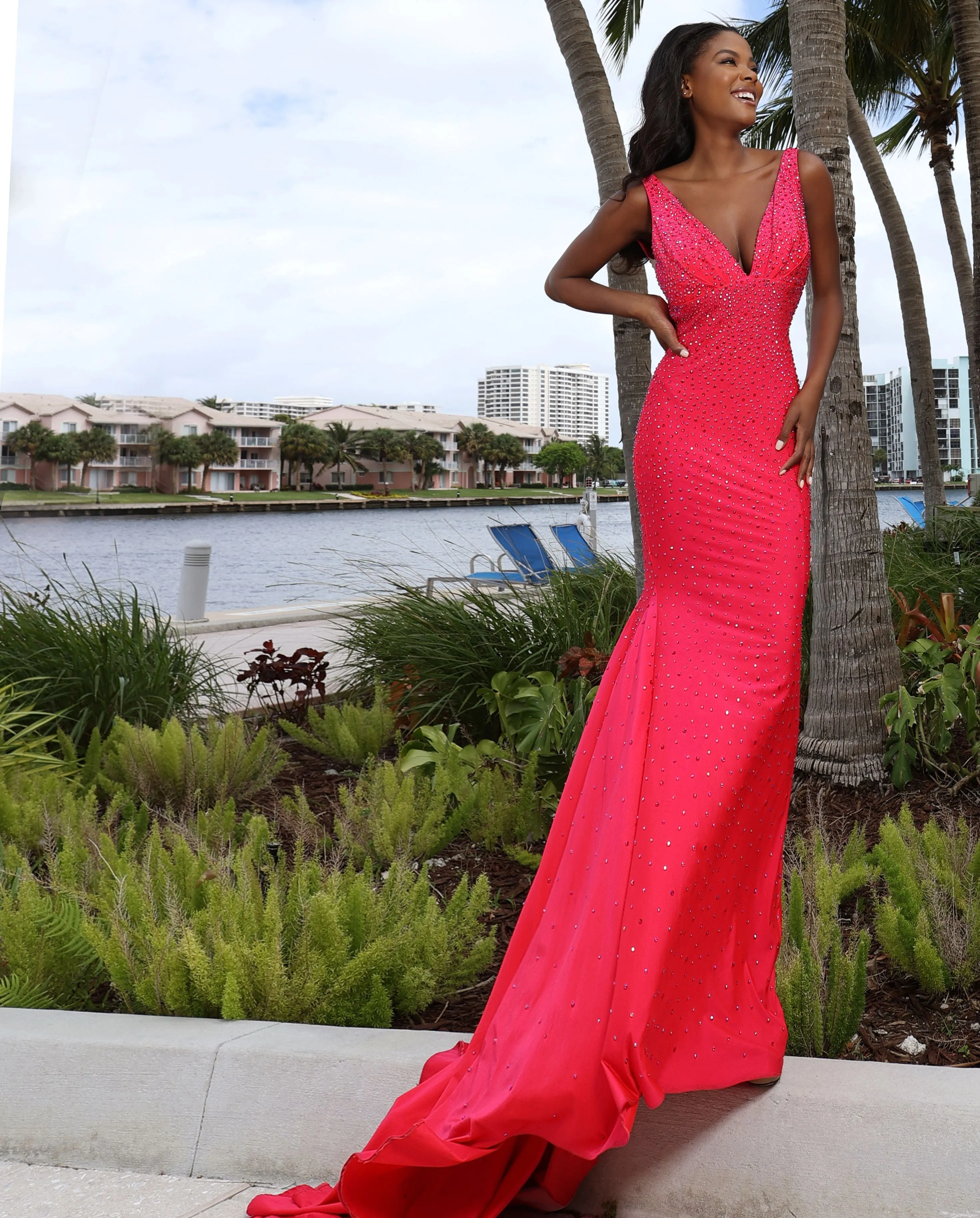 Johnathan Kayne 9213 Size 8 Coral Crystal Embellished Long Fitted Prom Dress Evening Gown