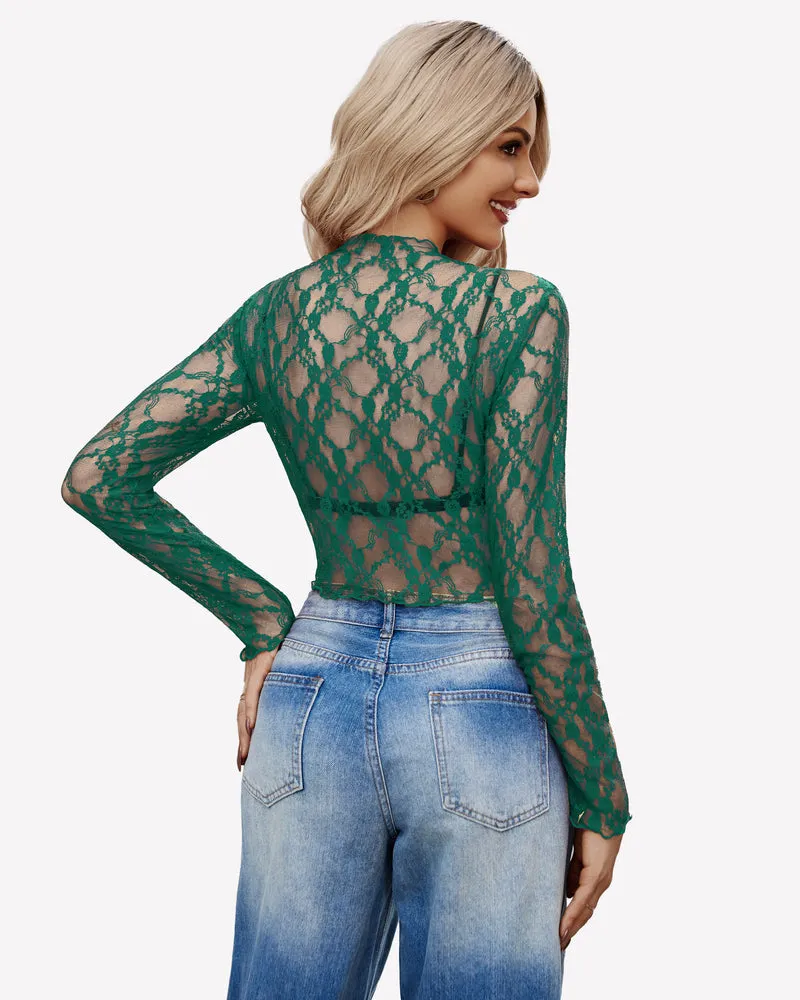 Long Sleeve Mesh Top Sheer Blouse