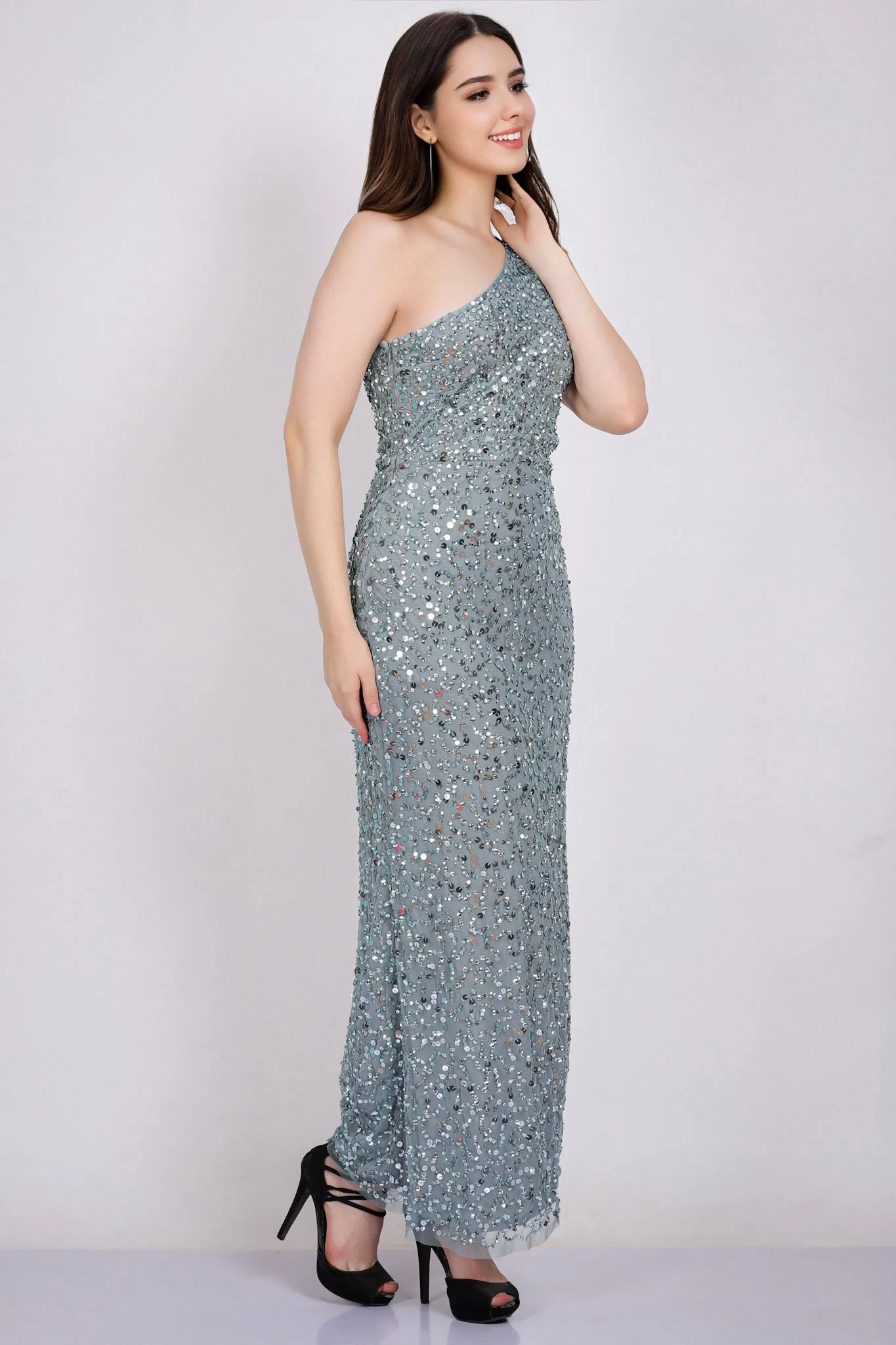 Naeve One Shoulder Sequin Dress in Teal