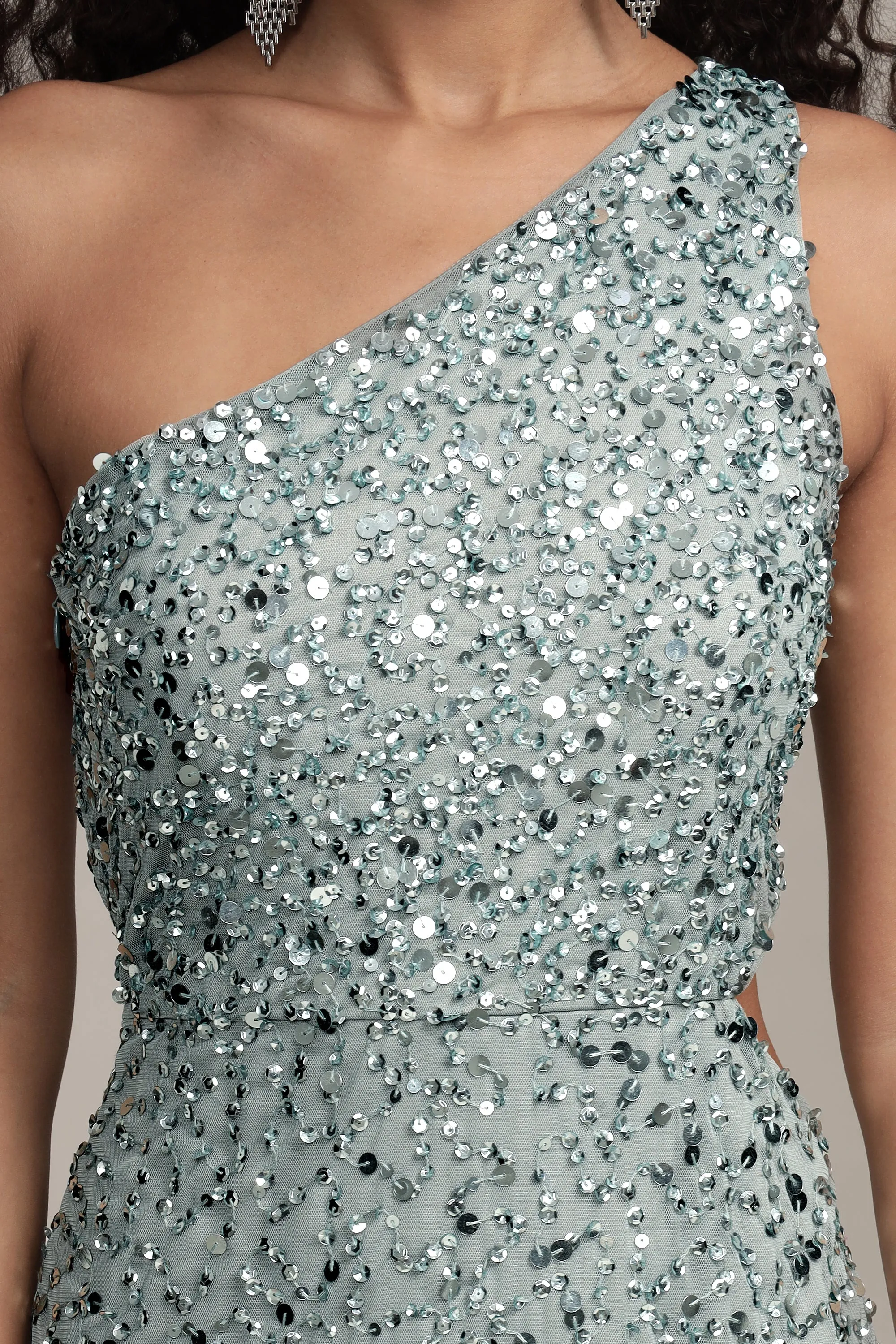 Naeve One Shoulder Sequin Dress in Teal