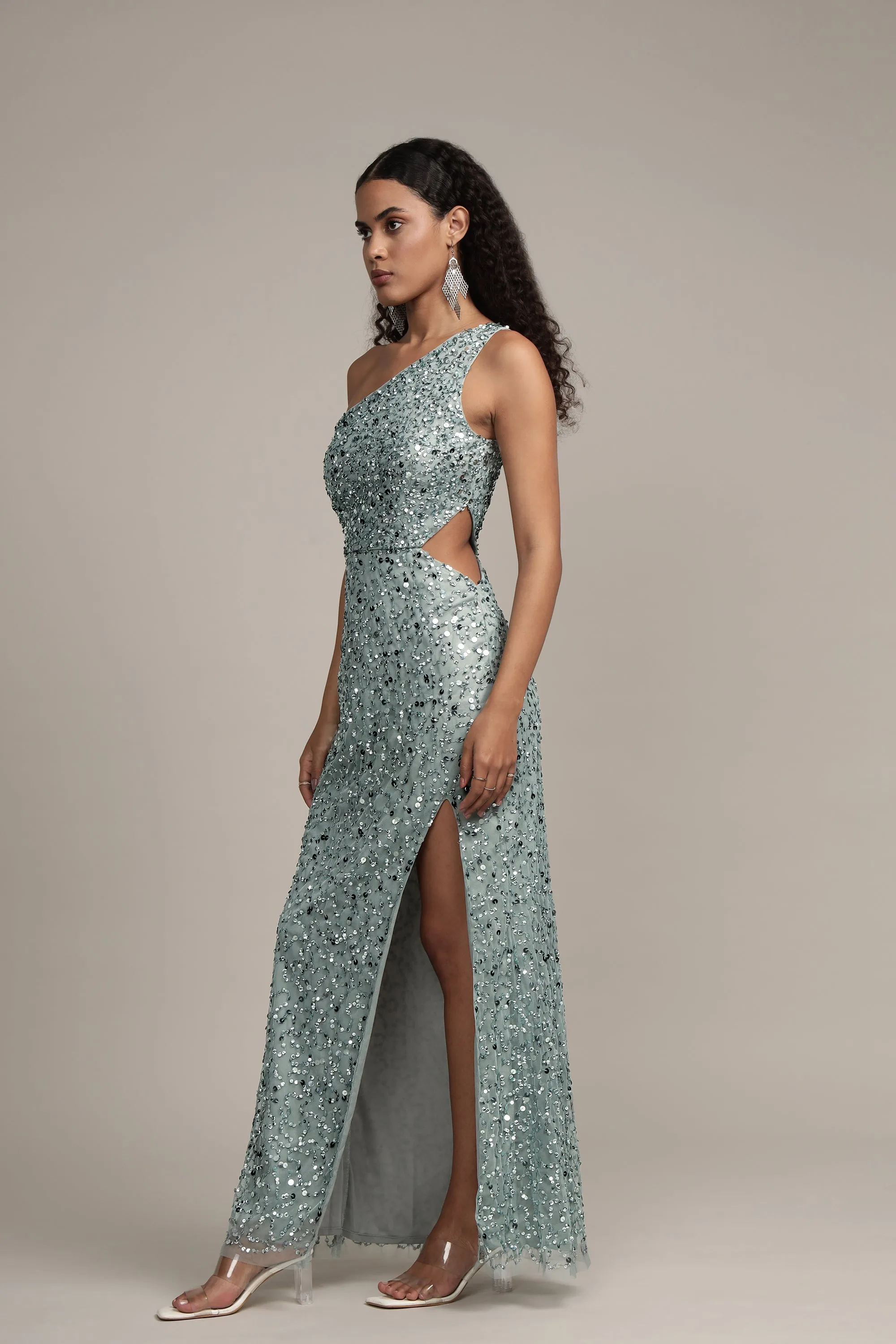 Naeve One Shoulder Sequin Dress in Teal