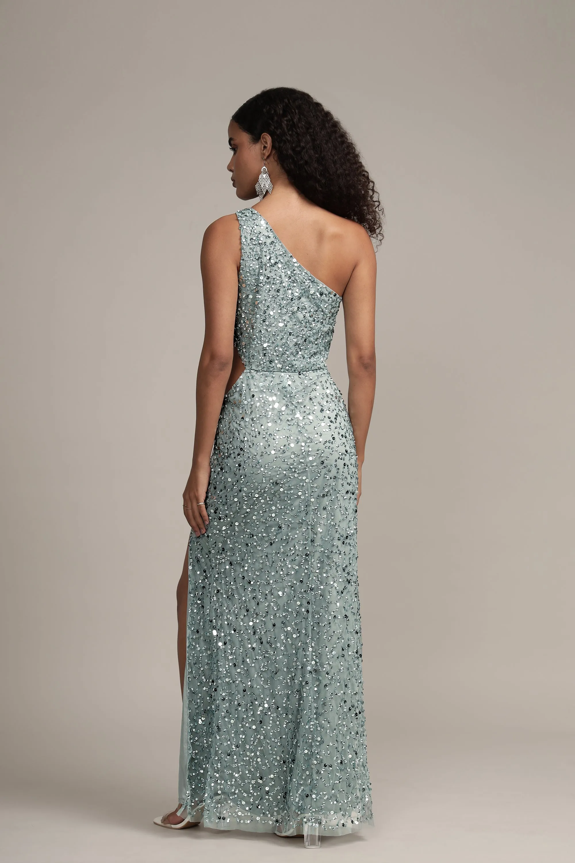 Naeve One Shoulder Sequin Dress in Teal