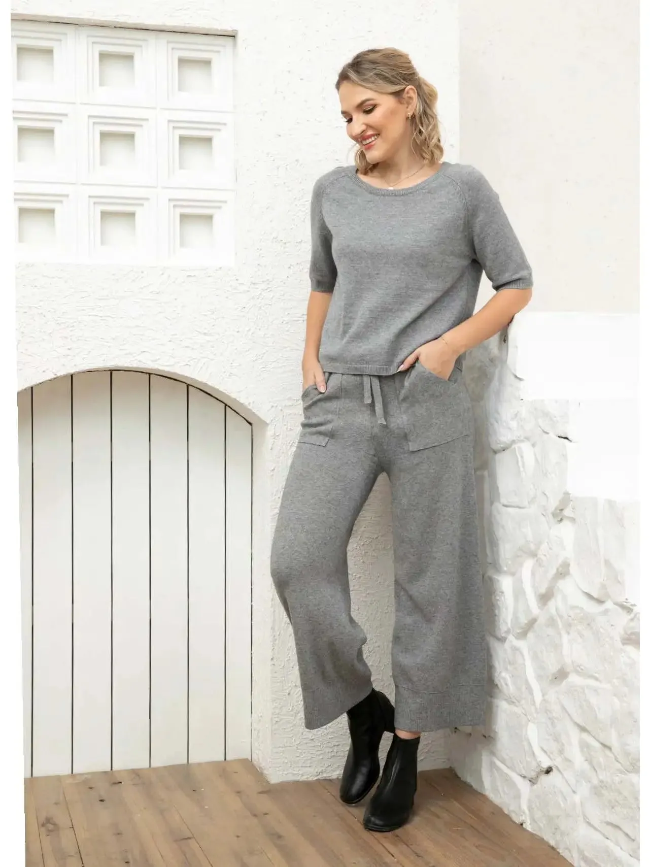 Orange Fashion Village Knit Comfort Pants: Black, Grey, Oat