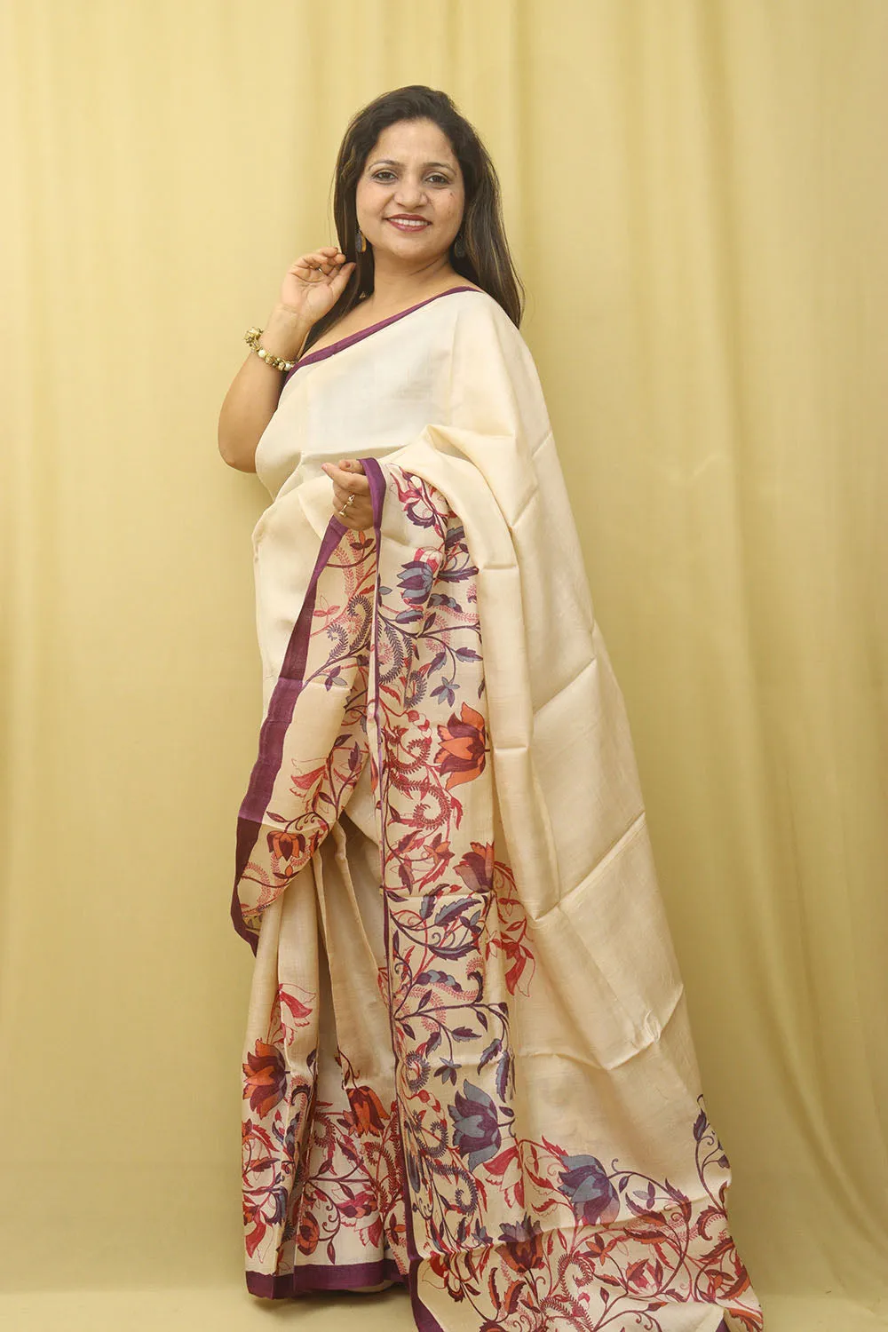 Pastel Block Printed Tussar Silk Saree: Elegant and Ethereal