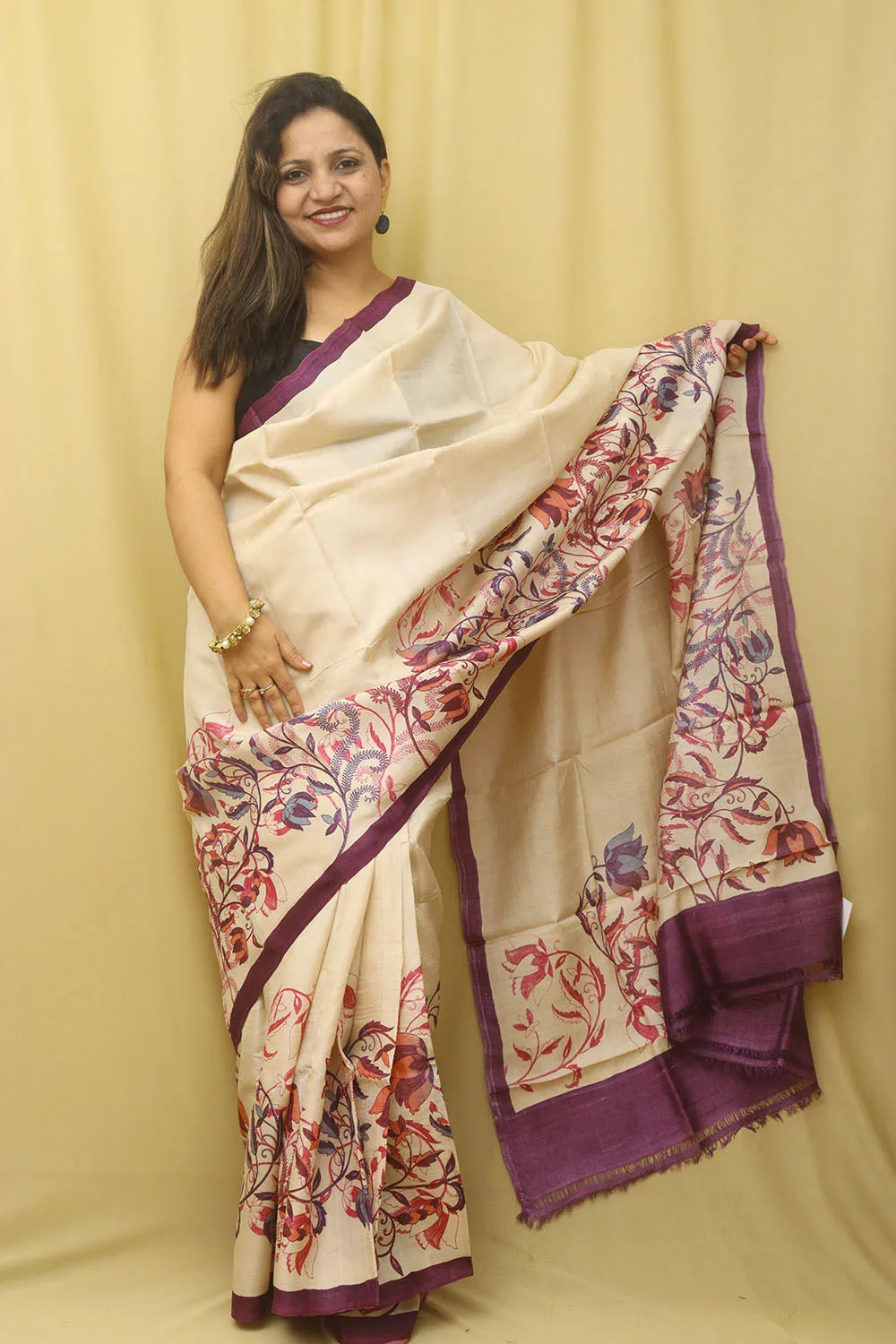 Pastel Block Printed Tussar Silk Saree: Elegant and Ethereal