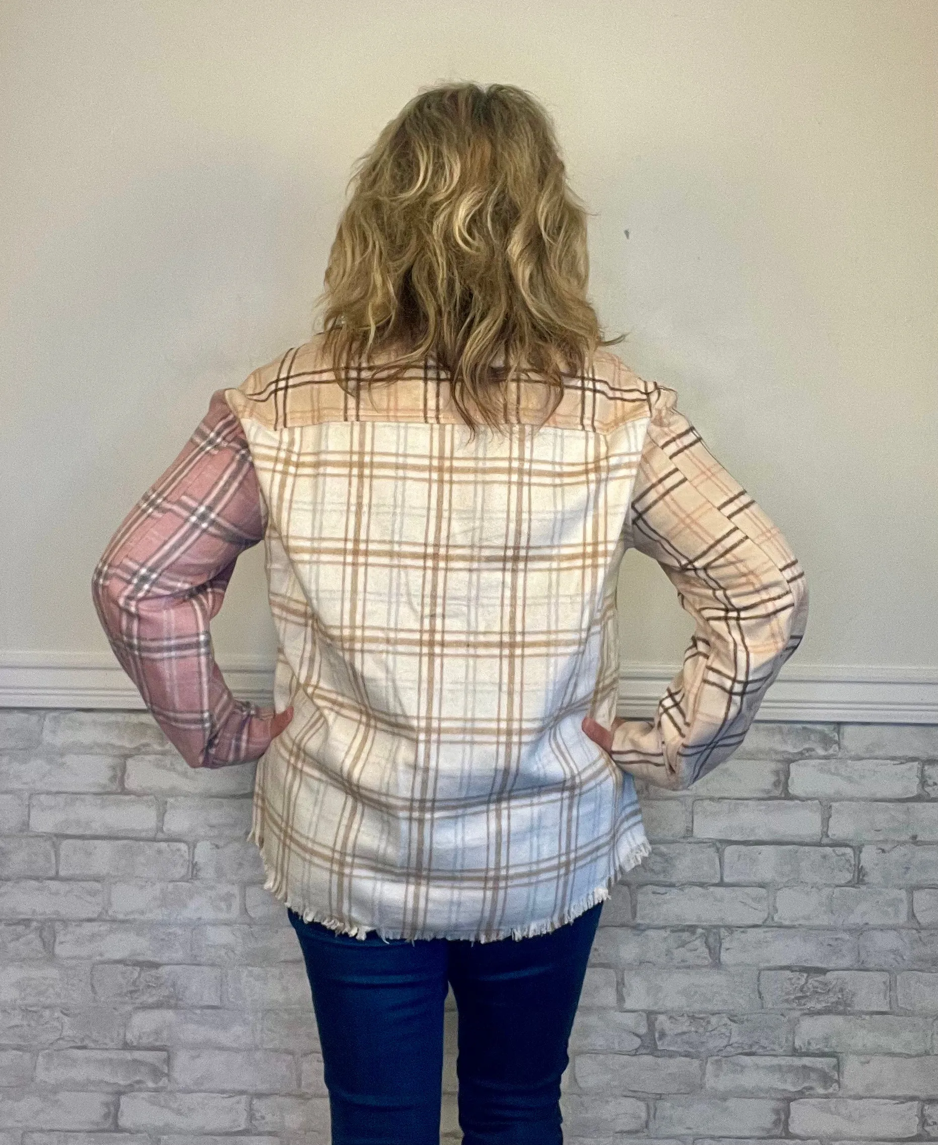 Pink & Brown Plaid  Colorblock Shacket