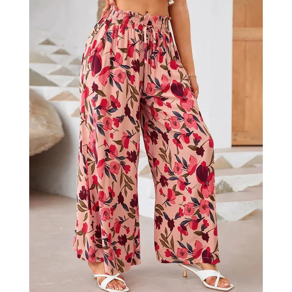 Trendy Floral Print Smocked Waist Pants for Casual Outings