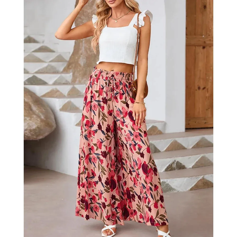 Trendy Floral Print Smocked Waist Pants for Casual Outings