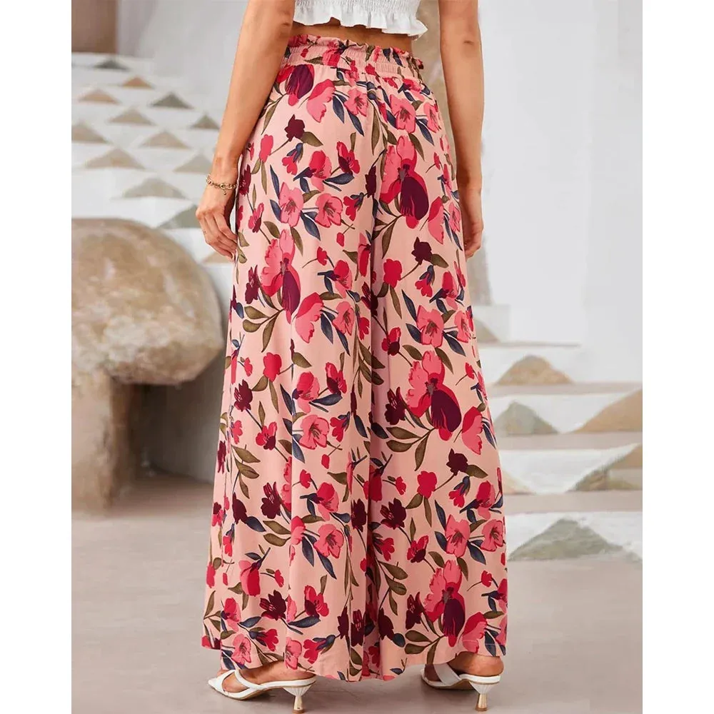 Trendy Floral Print Smocked Waist Pants for Casual Outings