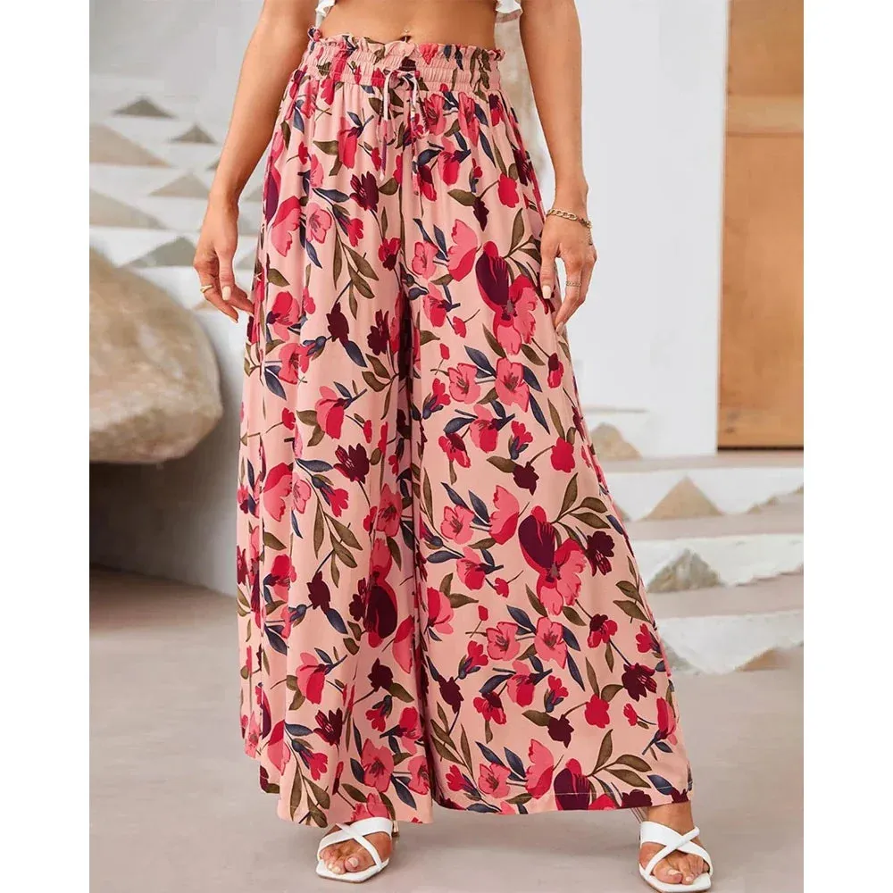 Trendy Floral Print Smocked Waist Pants for Casual Outings