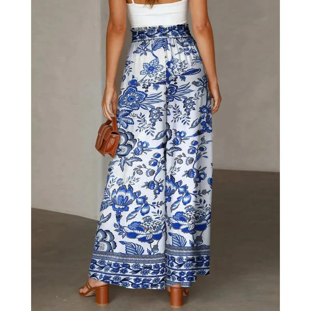 Trendy Floral Print Smocked Waist Pants for Casual Outings