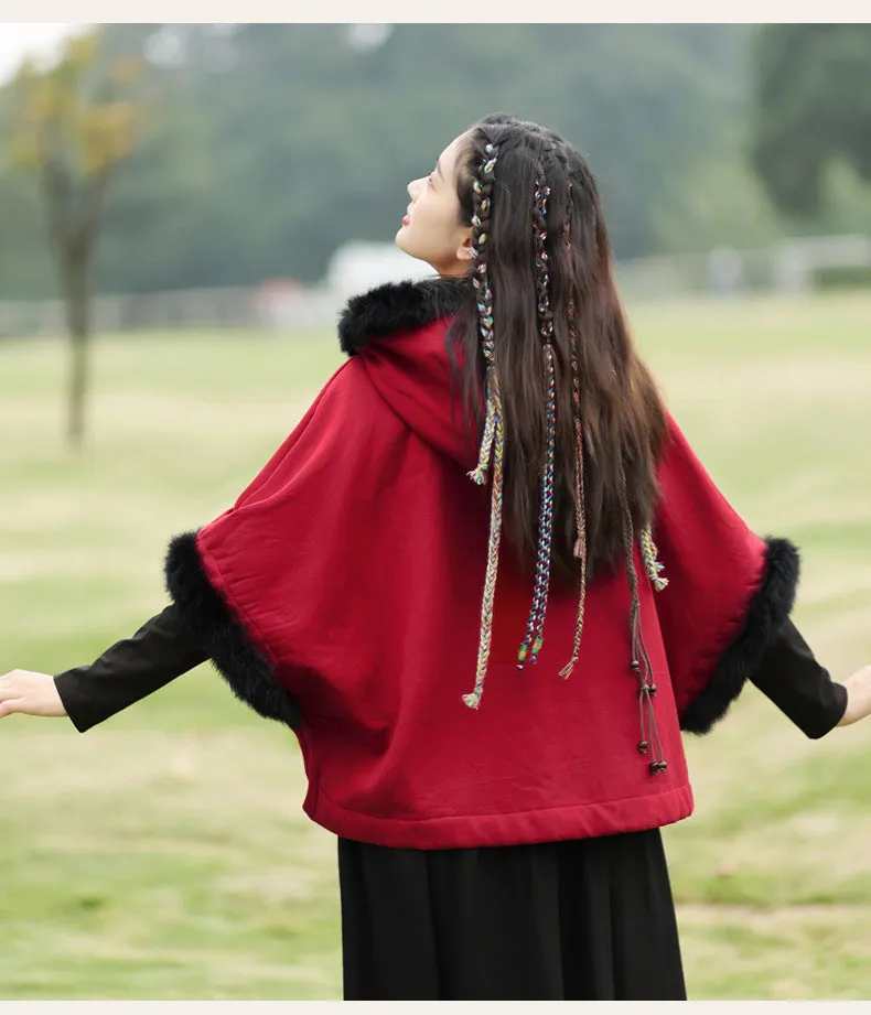 Vintage Embroidered Plush Hooded Cape Coat