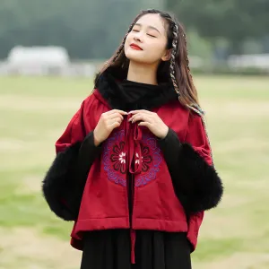 Vintage Embroidered Plush Hooded Cape Coat