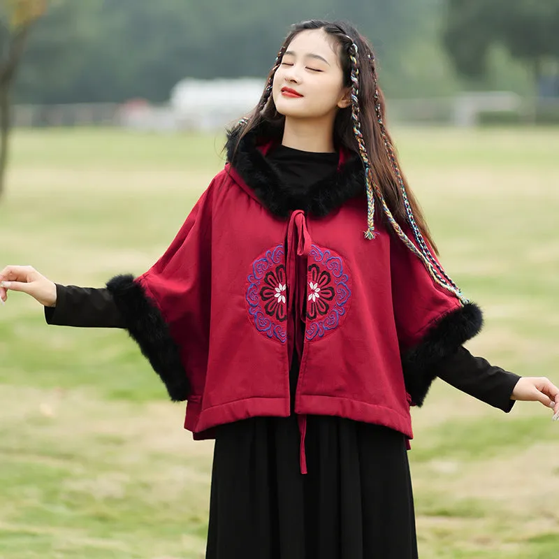 Vintage Embroidered Plush Hooded Cape Coat