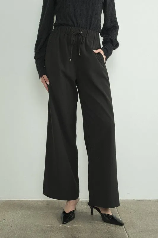 Waist Elastic Wide Tailored Pants- Black