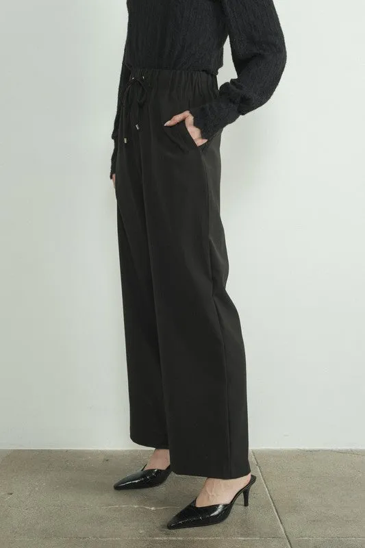 Waist Elastic Wide Tailored Pants- Black