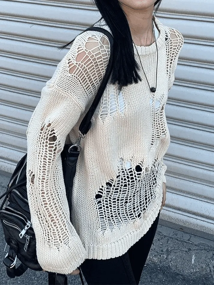 Wenkouban-Spring Casual Outfits Y2K Outfits Distressed Crochet Knit Sweater