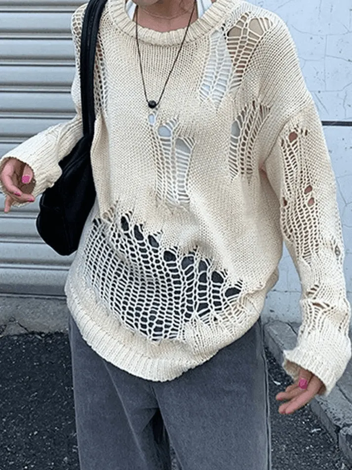 Wenkouban-Spring Casual Outfits Y2K Outfits Distressed Crochet Knit Sweater